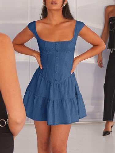 Wenrine Womens Summer Croset Mini Dress Sexy Tiered Square Neck Sleeveless Button Decor Flowy Dresses