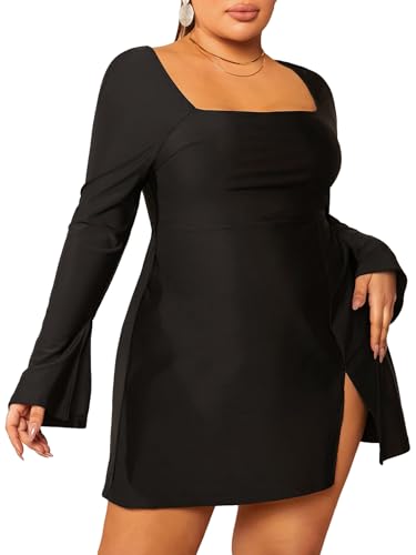 Verdusa Women's Plus Size Square Neck Flare Long Sleeve Split A Line Short Dress Black 2XL