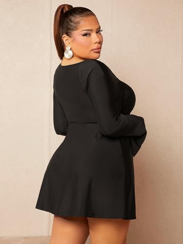 Verdusa Women's Plus Size Square Neck Flare Long Sleeve Split A Line Short Dress Black 2XL