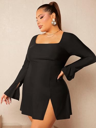 Verdusa Women's Plus Size Square Neck Flare Long Sleeve Split A Line Short Dress Black 2XL