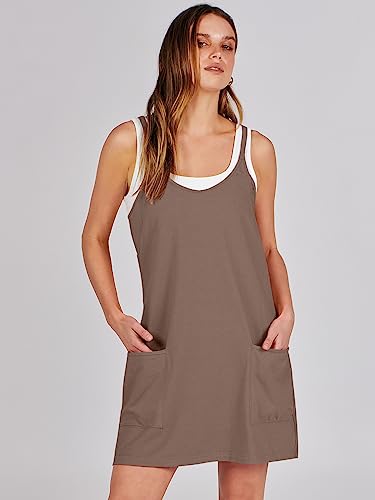 Caracilia Womens Summer Mini Dress 2024 Casual Sleeveless Built in Shapewear Sundress Trendy Short Tennis Athletic Outfits Coffee Large