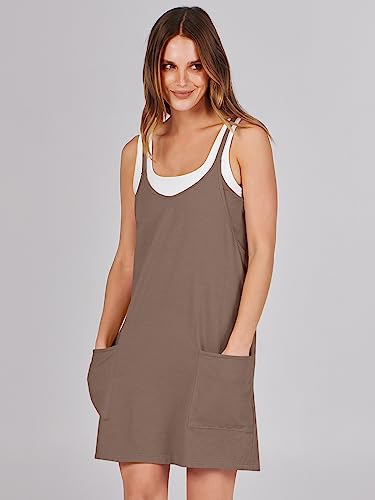 Caracilia Womens Summer Mini Dress 2024 Casual Sleeveless Built in Shapewear Sundress Trendy Short Tennis Athletic Outfits Coffee Large