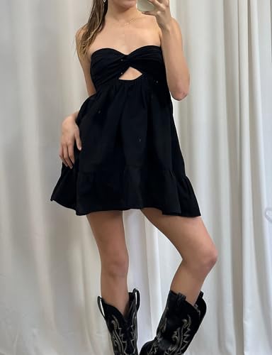 Meladyan Women’s Twist Knot Bandeau Tube Dress Solid Strapless Backless Mini Dresses Summer Hollow Ruffle Beach Dress Black