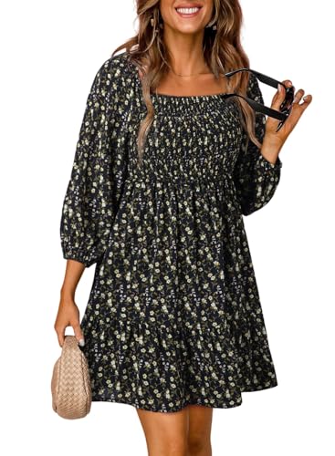 Dokotoo Sundresses for Women 2024 Casual Beach Boho Floral Print 3/4 Sleeve Square Neck Smocked Dresses A-Line Swing Mini Babydoll Bohemian Sun Dress Graduation Party Vacation Dresses Black Medium