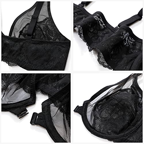 DOBREVA Women's Lace Bra Front Closure Bras Plunge Sexy See Through Minimizer Plus Size Underwire Black 38C