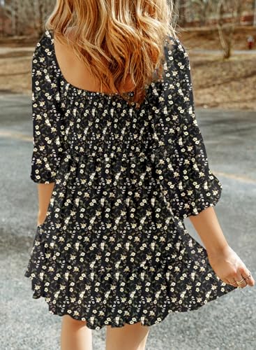 Dokotoo Sundresses for Women 2024 Casual Beach Boho Floral Print 3/4 Sleeve Square Neck Smocked Dresses A-Line Swing Mini Babydoll Bohemian Sun Dress Graduation Party Vacation Dresses Black Medium