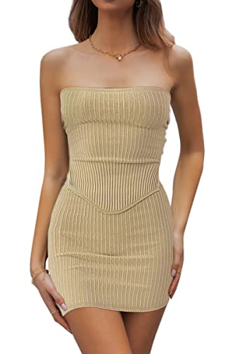 CHYRII Womens Sexy Summer Two Piece Outfits Bandeau Going Out Crop Tops Bodycon Skirt Sets Mini Dress Apricot M