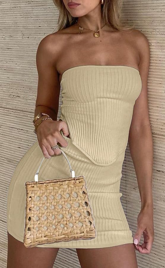 CHYRII Womens Sexy Summer Two Piece Outfits Bandeau Going Out Crop Tops Bodycon Skirt Sets Mini Dress Apricot M