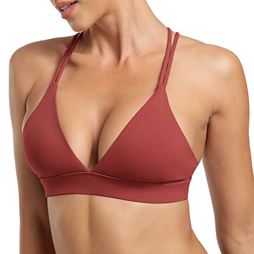 YEOREO Bella Sports Bra for Women V-Neck Strappy Criss-Cross Back Yoga Bra Padded Fitness Crop Top Wine XL