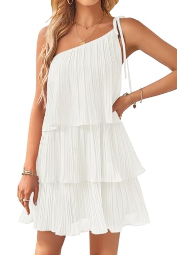 ZESICA Women's 2024 Boho Summer One Shoulder Sleeveless Ruffle Tiered Layered Chiffon Pleated A Line Flowy Mini Dress,Ivory,Small