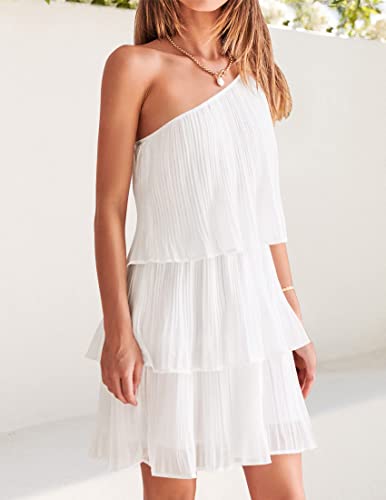 ZESICA Women's 2024 Boho Summer One Shoulder Sleeveless Ruffle Tiered Layered Chiffon Pleated A Line Flowy Mini Dress,Ivory,Small