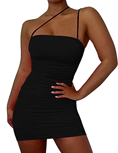 Mizoci Women's Sexy Sleeveless Ruched Spaghetti Strap Bodycon Mini Club Party Dress,X-Small,Black