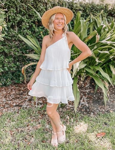 ZESICA Women's 2024 Boho Summer One Shoulder Sleeveless Ruffle Tiered Layered Chiffon Pleated A Line Flowy Mini Dress,Ivory,Small