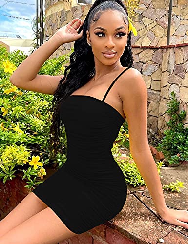 Mizoci Women's Sexy Sleeveless Ruched Spaghetti Strap Bodycon Mini Club Party Dress,X-Small,Black
