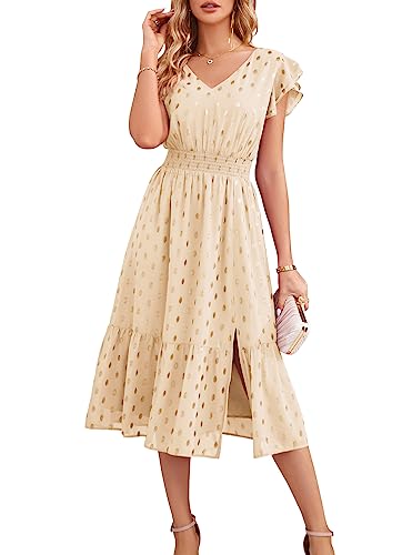 GRACE KARIN 2023 Summer Midi Dress Polka Dot Dress for Women V Neck Ruffle Sleeve Elastic Waist A-Line Slit Tiered Wedding Guest Dress Beige 2XL