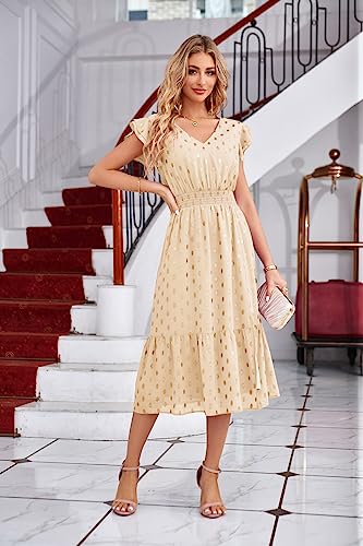 GRACE KARIN 2023 Summer Midi Dress Polka Dot Dress for Women V Neck Ruffle Sleeve Elastic Waist A-Line Slit Tiered Wedding Guest Dress Beige 2XL