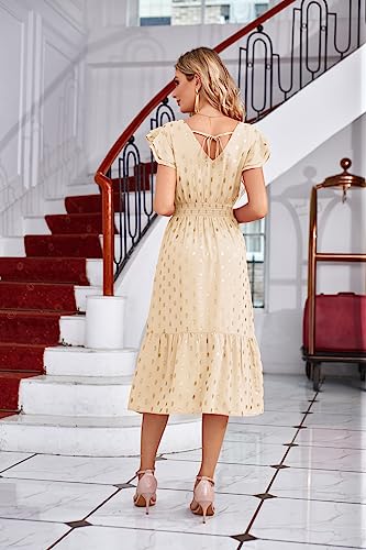 GRACE KARIN 2023 Summer Midi Dress Polka Dot Dress for Women V Neck Ruffle Sleeve Elastic Waist A-Line Slit Tiered Wedding Guest Dress Beige 2XL