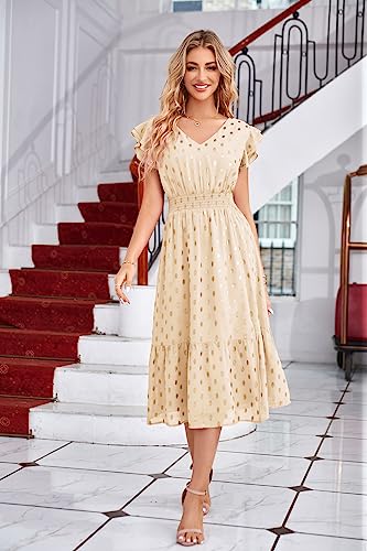 GRACE KARIN 2023 Summer Midi Dress Polka Dot Dress for Women V Neck Ruffle Sleeve Elastic Waist A-Line Slit Tiered Wedding Guest Dress Beige 2XL