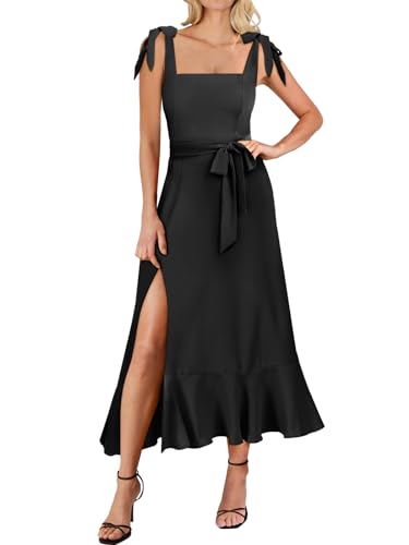 ANRABESS Women's Square Neck Ruffle Split Midi Elegant Formal Wedding Guest Cocktail Bridesmaid Graduation Party Dresses 2024 Black Small