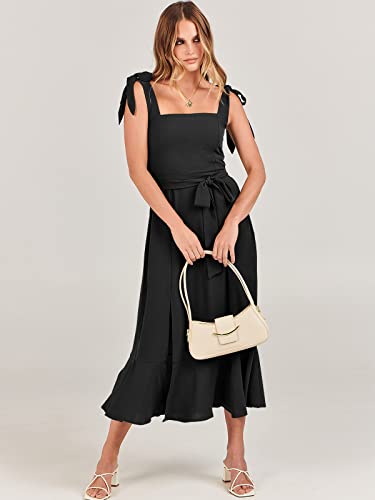 ANRABESS Women's Square Neck Ruffle Split Midi Elegant Formal Wedding Guest Cocktail Bridesmaid Graduation Party Dresses 2024 Black Small