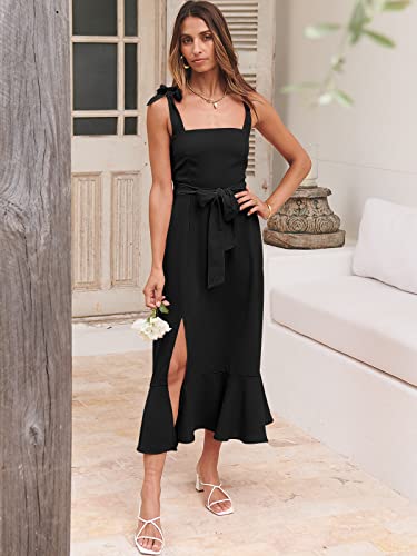 ANRABESS Women's Square Neck Ruffle Split Midi Elegant Formal Wedding Guest Cocktail Bridesmaid Graduation Party Dresses 2024 Black Small