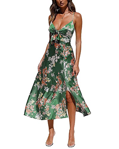 Fashionme Women Spaghetti Strap Midi Satin Dresses Tie Front Backless Split Summer Casual Floral Dress Hollow Flowy Slip Sundress Wedding Guest Beach Cocktail Graduation