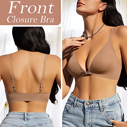 WOWENY Front Closure Bras for Women No Underwire Low Cut Deep V Padded Bralette Seamless Comfy Bras with Support Brown M