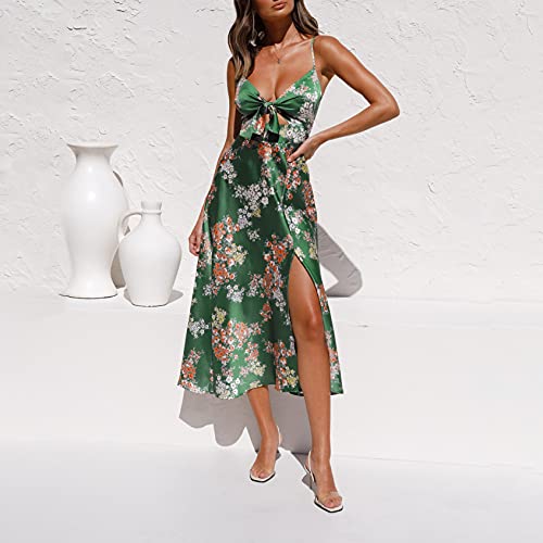 Fashionme Women Spaghetti Strap Midi Satin Dresses Tie Front Backless Split Summer Casual Floral Dress Hollow Flowy Slip Sundress Wedding Guest Beach Cocktail Graduation