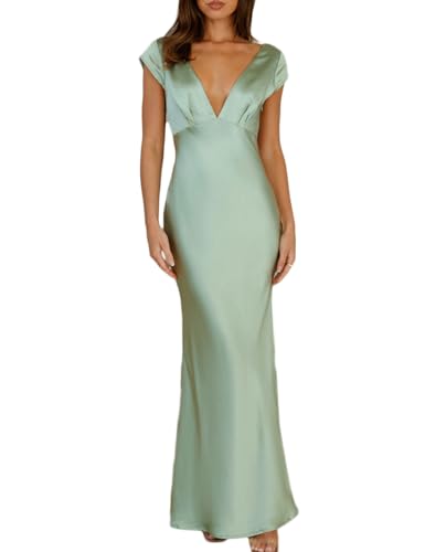 Halfisland Womens Summer Satin V Neck Cap Sleeve Backless Maxi Dress Elegant Twist Cut Out Midi Dresses Wedding Guest Sage