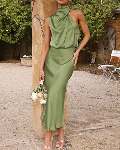 BTFBM Women's Sleeveless Cocktail Dresses Mock Neck Keyhole Elastic High Waist Wedding Guest Evening Party Maxi Dress(Solid Tender Green, Medium)