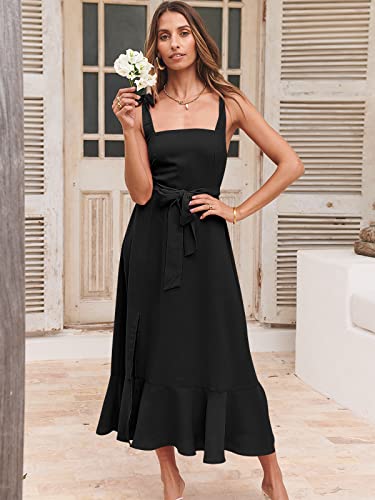 ANRABESS Women's Square Neck Ruffle Split Midi Elegant Formal Wedding Guest Cocktail Bridesmaid Graduation Party Dresses 2024 Black Small
