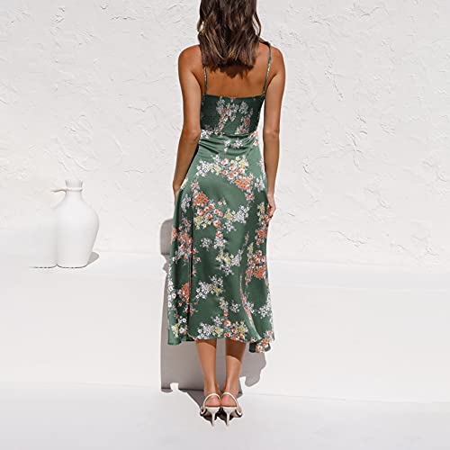 Fashionme Women Spaghetti Strap Midi Satin Dresses Tie Front Backless Split Summer Casual Floral Dress Hollow Flowy Slip Sundress Wedding Guest Beach Cocktail Graduation
