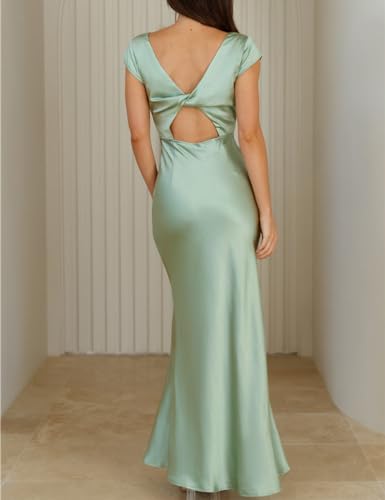 Halfisland Womens Summer Satin V Neck Cap Sleeve Backless Maxi Dress Elegant Twist Cut Out Midi Dresses Wedding Guest Sage
