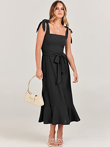 ANRABESS Women's Square Neck Ruffle Split Midi Elegant Formal Wedding Guest Cocktail Bridesmaid Graduation Party Dresses 2024 Black Small