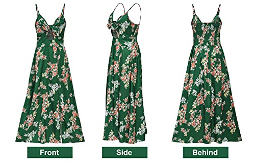 Fashionme Women Spaghetti Strap Midi Satin Dresses Tie Front Backless Split Summer Casual Floral Dress Hollow Flowy Slip Sundress Wedding Guest Beach Cocktail Graduation