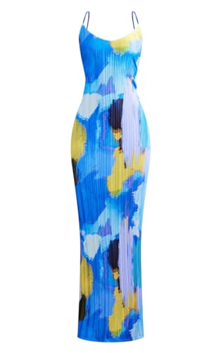LASPIA Cowl Neck Dress Strap Shoulder Pleated Maxi Dresses Summer Wedding Guest Dresses for Women,Light Blue,X-Large