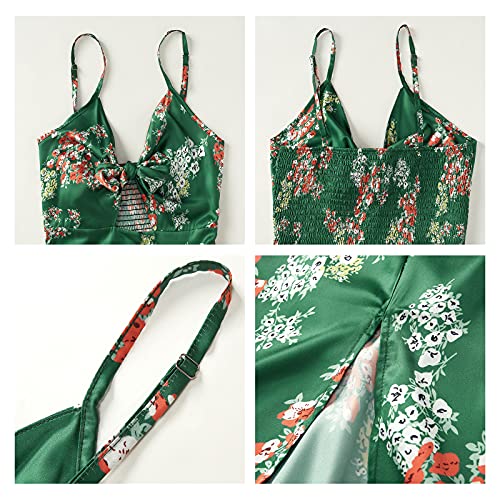 Fashionme Women Spaghetti Strap Midi Satin Dresses Tie Front Backless Split Summer Casual Floral Dress Hollow Flowy Slip Sundress Wedding Guest Beach Cocktail Graduation