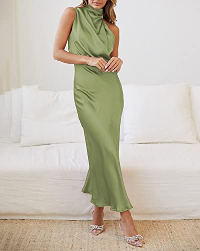 BTFBM Women's Sleeveless Cocktail Dresses Mock Neck Keyhole Elastic High Waist Wedding Guest Evening Party Maxi Dress(Solid Tender Green, Medium)