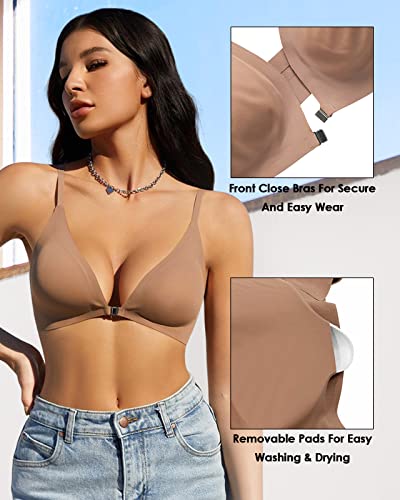 WOWENY Front Closure Bras for Women No Underwire Low Cut Deep V Padded Bralette Seamless Comfy Bras with Support Brown M
