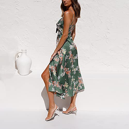 Fashionme Women Spaghetti Strap Midi Satin Dresses Tie Front Backless Split Summer Casual Floral Dress Hollow Flowy Slip Sundress Wedding Guest Beach Cocktail Graduation
