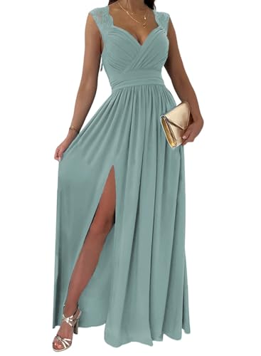 Dokotoo Womens Ladies Elegant Floor Length A Line Wrap Deep V Neck Backless Ruched Pleated Ruffled Split Long Maxi Formal Evening Party Prom Dress Bridesmaid Wedding Guest Dresses for Women Green L