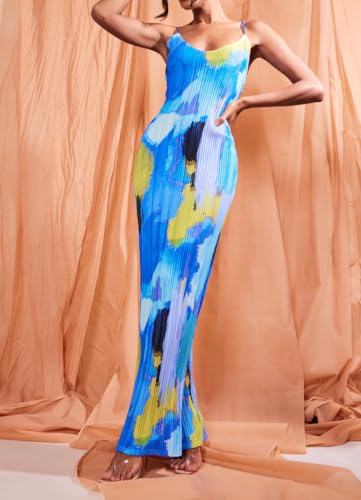 LASPIA Cowl Neck Dress Strap Shoulder Pleated Maxi Dresses Summer Wedding Guest Dresses for Women,Light Blue,X-Large