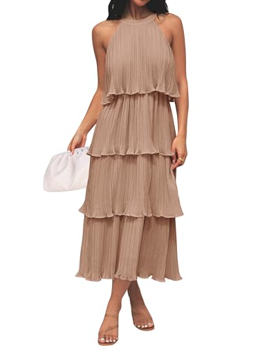 ZESICA Women's 2024 Summer Sleeveless Halter Neck Ruffle Tiered Layed Chiffon Flowy Swing Long Midi Dress,Khaki,Large