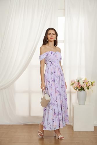 Women's Summer Sleeveless Off Shoulder Floral Flowy A Line Maxi Dresses Purple Floral XL