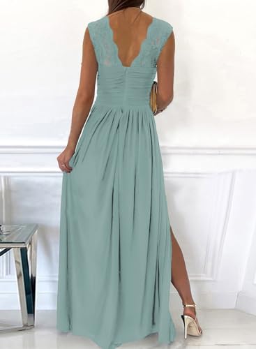 Dokotoo Womens Ladies Elegant Floor Length A Line Wrap Deep V Neck Backless Ruched Pleated Ruffled Split Long Maxi Formal Evening Party Prom Dress Bridesmaid Wedding Guest Dresses for Women Green L