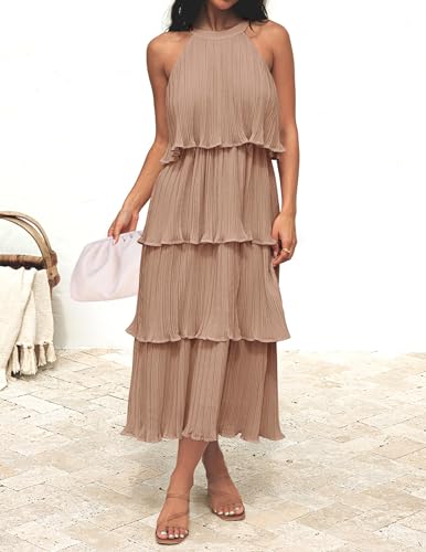 ZESICA Women's 2024 Summer Sleeveless Halter Neck Ruffle Tiered Layed Chiffon Flowy Swing Long Midi Dress,Khaki,Large