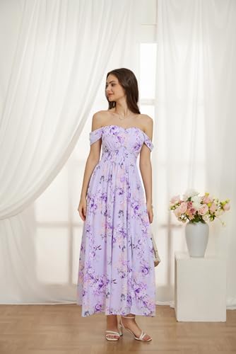 Women's Summer Sleeveless Off Shoulder Floral Flowy A Line Maxi Dresses Purple Floral XL