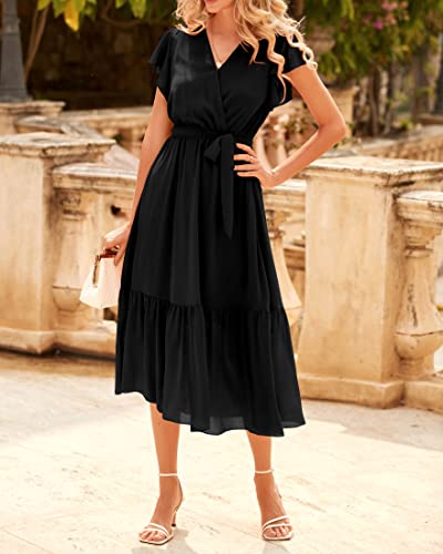 BTFBM Women Summer Bohemian Floral Casual Wrap V Neck Ruffle Cap Sleeveless Belt A-Line Pleated Hem Swing Midi Sun Dress (Solid Black, Medium)