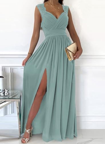 Dokotoo Womens Ladies Elegant Floor Length A Line Wrap Deep V Neck Backless Ruched Pleated Ruffled Split Long Maxi Formal Evening Party Prom Dress Bridesmaid Wedding Guest Dresses for Women Green L