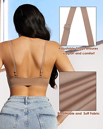 WOWENY Front Closure Bras for Women No Underwire Low Cut Deep V Padded Bralette Seamless Comfy Bras with Support Brown M